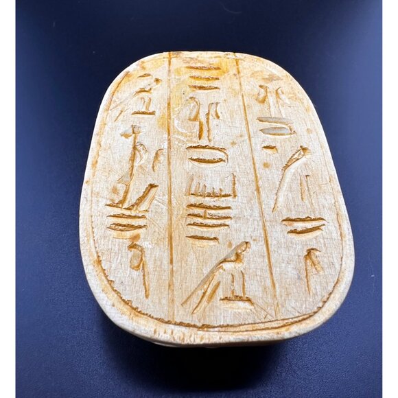 Egyptian Blue Sand Scarab Beetle Statue Heiroglyphics on bottom REPAIRED READ - Picture 3 of 16